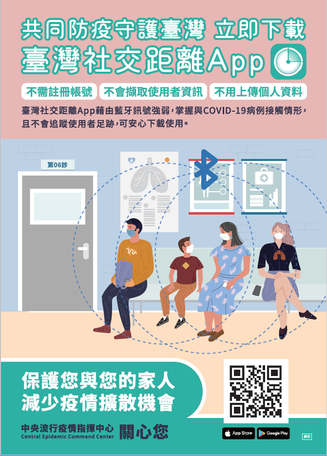 共同防疫護臺灣，立即下載App，臺灣社交距離App宣導海報