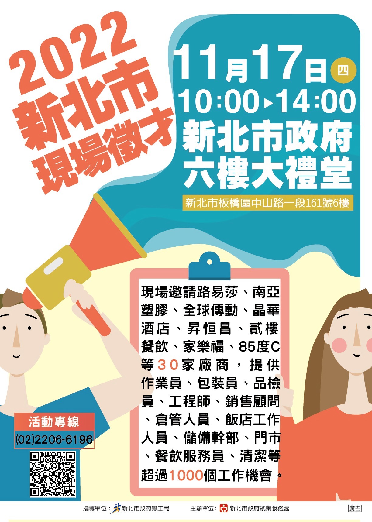 新北市政府就業服務處於11月17日(星期四)上午10點至下午2點在新北市政府6樓大禮堂，舉辦「2022新北市現場徵才活動」，邀請30家廠商，提供超過1,000個工作職缺，歡迎求職者踴躍參加。.jpg