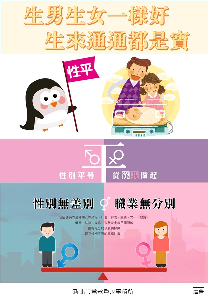 生男生女一樣好、生來通通都是寶；性別平等，從你我做起；性別無差別、職業無分別。新北市鶯歌戶政事務所廣告。.jpg