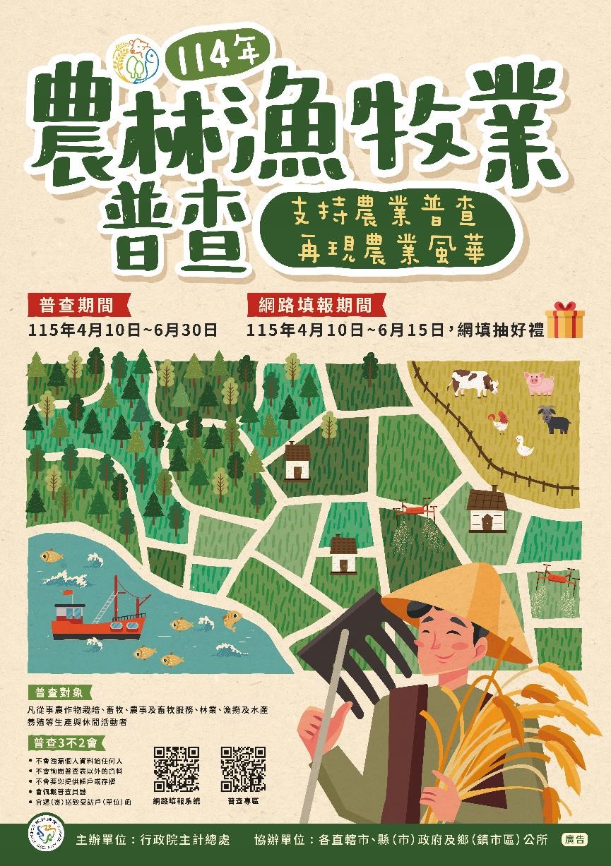 2025農林漁牧普查，敬請支持農林漁牧業普查，115年4月10日至6月15日開放網路填報，網填可參加抽好禮，新北市政府感謝您的配合。.jpg